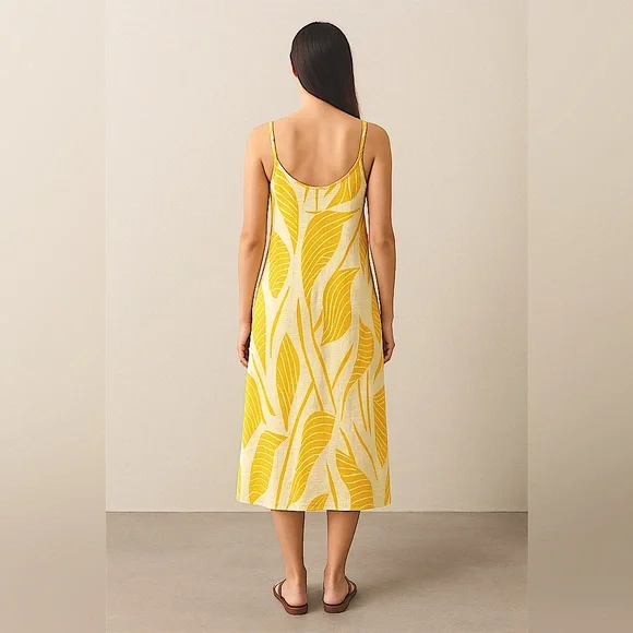 Lascana Yellow Tropical Leaf Print Sundress XL A-Line Belted Midi Dress NWT New - Picture 4 of 5